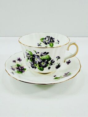 Old Royal & Adderley Fine Bone China Teacup Cup & Saucer Mismatch Purple Flowers